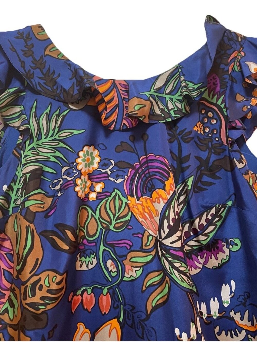 J. CREW Blue Tropical Floral 100% Silk Ruffle Dress Sz 4 - Picture 4 of 8